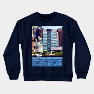 Manhattan NY - Tugboat Pushing Barge Near Manhattan Skyline Crewneck Sweatshirt